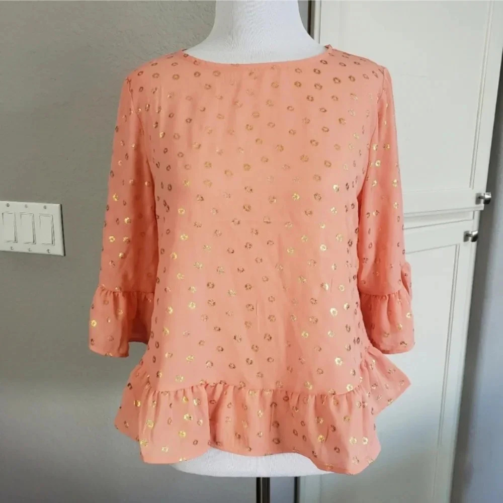 W5 Ruffle Sleeve Top Orange Peach Gold accent‎ Shimmer Feminine NWT $59 MSRP